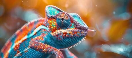 A colorful chameleon is sitting on a branch photo