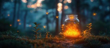 Fireflies in a jar in the forest photo