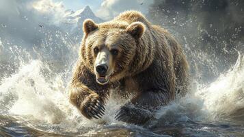 A large brown bear emerges from a rushing river, its powerful body breaking the surface of the water as it charges towards the viewer. The bear's fur is wet and glistening, and its eyes gleam with predatory intensity. In the background, a majestic mountai photo