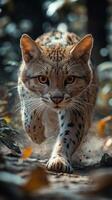 A close-up of a wild cat with a spotted coat, walking towards the camera. The cat has bright yellow eyes and is walking through a forest. photo