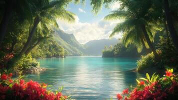 Lush tropical landscape with palm trees framing a calm turquoise lagoon and a mountain range in the background. photo