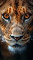 Close-up portrait of a lioness with intense amber eyes looking directly at the camera. photo