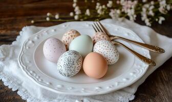 Colorful decorated Easter eggs on a plate photo