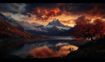 Majestic mountain peak reflected in serene lake at fiery sunset. Autumn colors photo