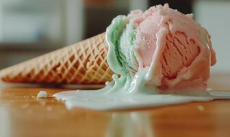 Melting ice cream cone on a table photo