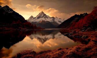 A mountain lake with red trees and snow capped mountains photo