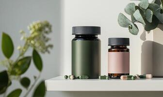 Natural supplements in modern containers photo