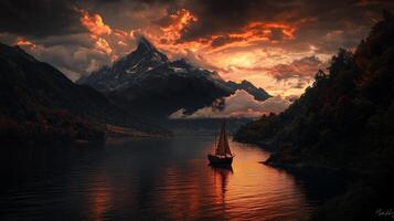 Fiery sunset over alpine lake with sailboat photo