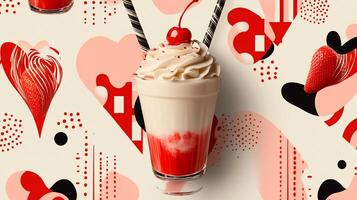 A milkshake with whipped cream and strawberries on a heart pattern photo