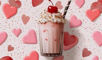 A milkshake with whipped cream and cherries on a pink background photo