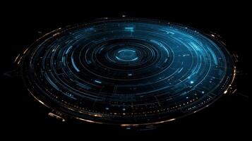 Futuristic circular interface with glowing, layered rings and intricate patterns photo