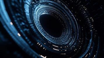 Abstract swirling digital rings, creating a tunnel effect. Complex layered rings of light and dark, with data-like elements photo
