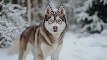 A husky dog is standing in the snow photo