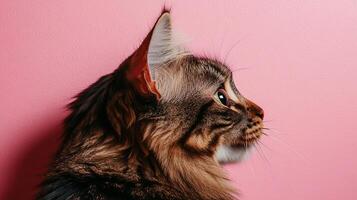 Side profile of a tabby cat against a pink background photo