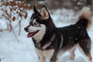 A husky dog with blue eyes standing in the snow photo