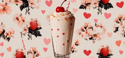A milkshake with whipped cream and cherries on a floral background photo