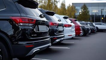 A row of cars parked in a parking lot photo