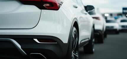 A row of white cars parked in a parking lot photo