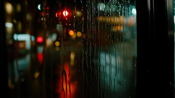 Rainy night city view through a window photo