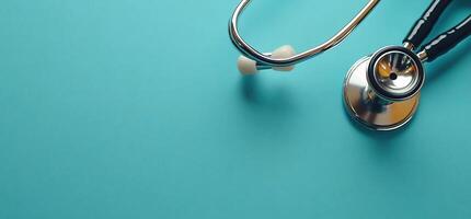 Medical Stethoscope on Teal Background. Stethoscope photo