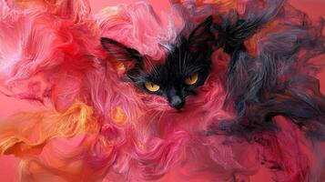 Abstract cat portrait in vibrant colors. A black and white cat's head is enveloped in swirling, colorful ink, creating a dynamic and artistic image photo