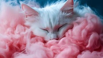 Fluffy white cat sleeping in pink smoke photo