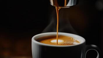 Espresso pouring into a cup. Rich, steaming coffee with crema photo