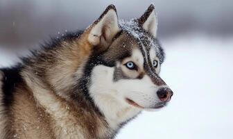 A husky dog with blue eyes standing in the snow photo