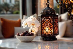Dates, orchids, and lantern. A Ramadan setting photo