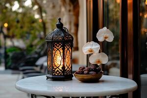 Ornate lantern, dates, and orchids on a patio table photo