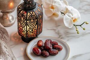 Dates on a plate, illuminated lantern, and orchids photo