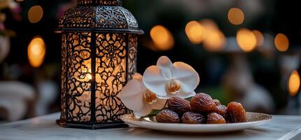 A plate of dates and a candle on a table photo