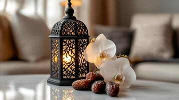 Ramadan lantern, dates, and orchids on a table photo