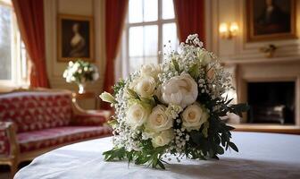 Elegant wedding bouquet in a grand room photo