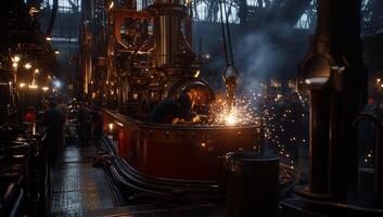 Steam engine repair in a historical workshop. Workers weld and maintain a large, ornate engine. Sparks fly in the dimly lit, busy space photo