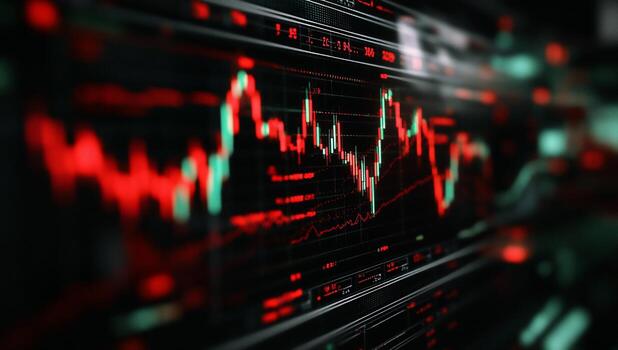 Stock market data display with fluctuating graphs. Detailed charts showing up and down trends photo