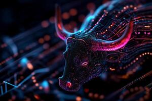 Digital bull market. A futuristic bull made of glowing data points photo