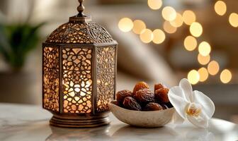 Ornate lantern, dates, and orchid. Warm, festive lighting photo