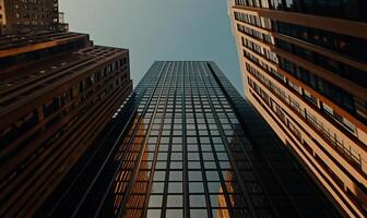 Skyscrapers reaching for the sky. Modern architecture contrasted with older buildings. Urban view from below photo