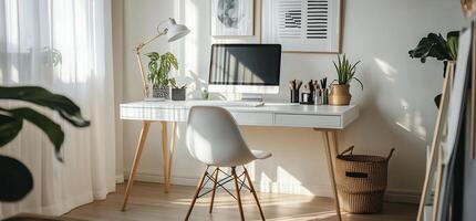 A white desk with a computer and a chair photo