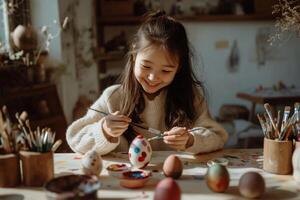 Child painting Easter egg. Focused on crafting and creativity photo
