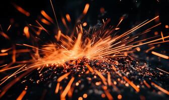 Fiery sparks erupting from burning embers. A close-up view of intense heat and light photo