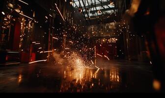 Industrial Sparks. Dramatic interior scene filled with sparks, smoke, and reflections on a dark floor, creating an atmospheric and dynamic image of a metalworking or manufacturing environment photo