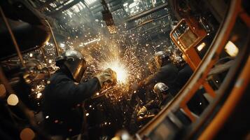 Industrial metal welding in progress. Workers welding large metal components in a factory environment photo