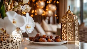 Dates on a plate, adorned with flowers and lanterns, in a luxurious setting photo