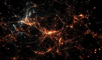 Abstract network of glowing lines and particles. Complex interwoven pathways of light and energy photo