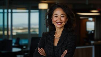 A woman in a business suit standing in front of a window photo