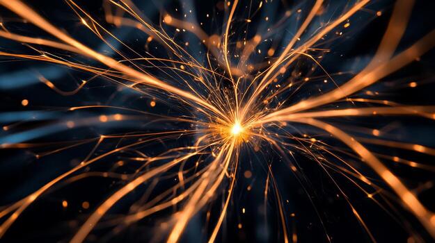 Abstract explosion of light and energy. Radiating lines of golden and bluish sparks emerge from a central point, creating a dynamic and vibrant effect photo