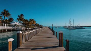 Tranquil waterfront boardwalk extending into a turquoise bay, with palm trees and tropical buildings lining the shore. A person walks along the pier, towards a marina with sailboats photo