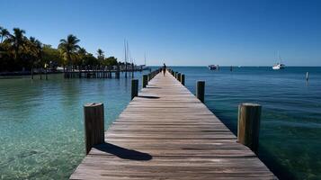 Tranquil wooden dock stretching into a turquoise ocean photo